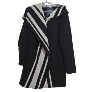 VINCE CAMUTO Wool Blend Striped Asymmetrical Hooded Long Coat Small Black Gray